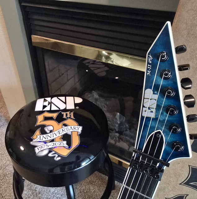 My 2025 ESP USA M-II NT In Aquamarine Sunburst. 2 with 50th anniversary Barstool