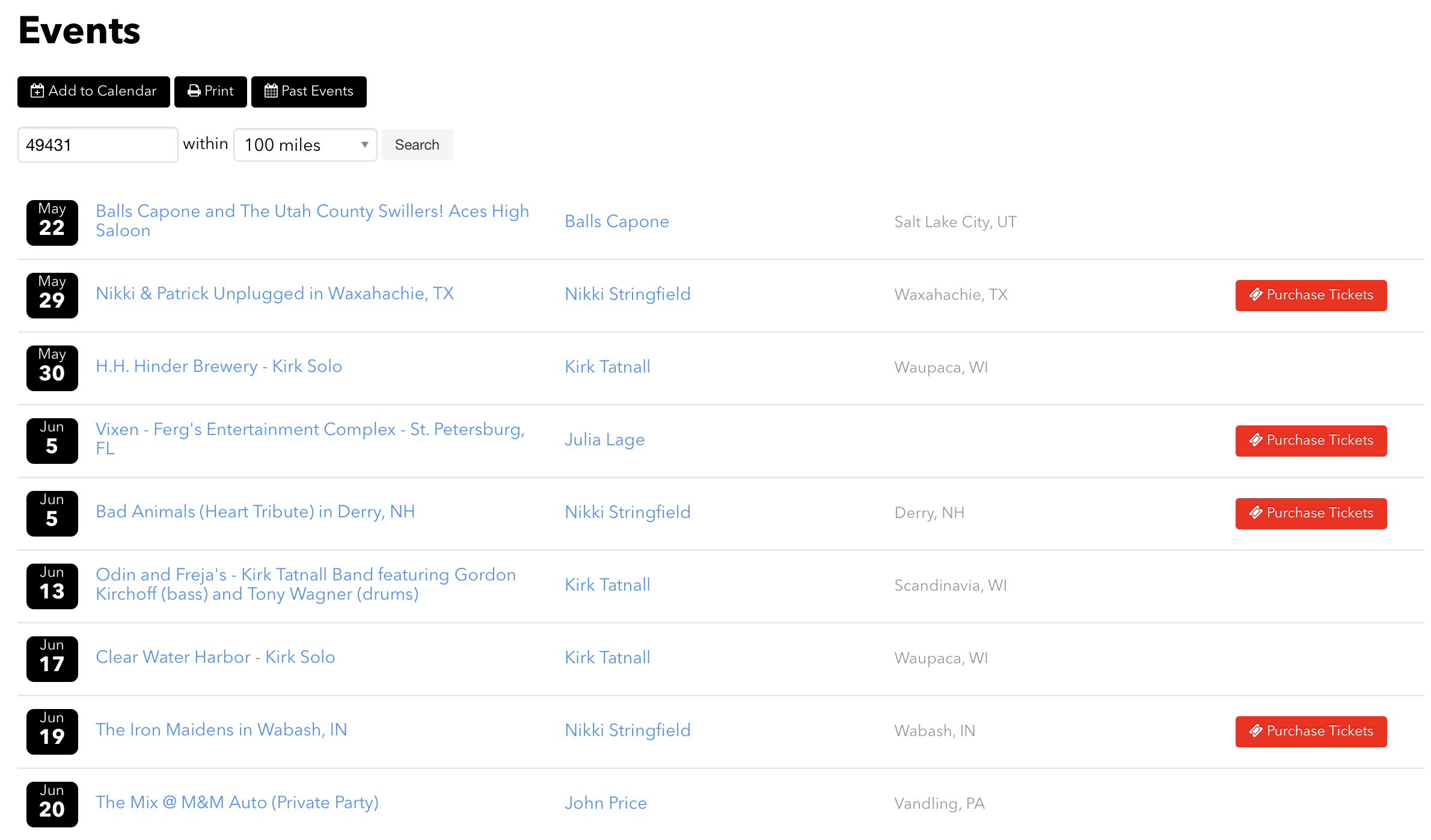 Events listing